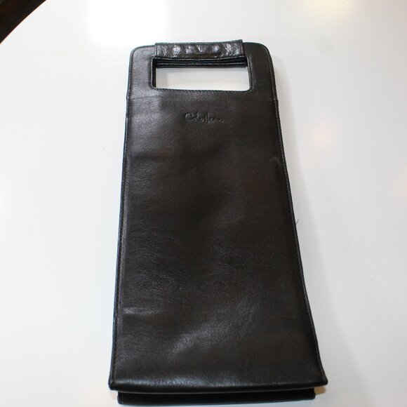 Wine Tote COLE HAAN Fine Black Leather 2X bottles magnetic close double handles - Picture 1 of 12